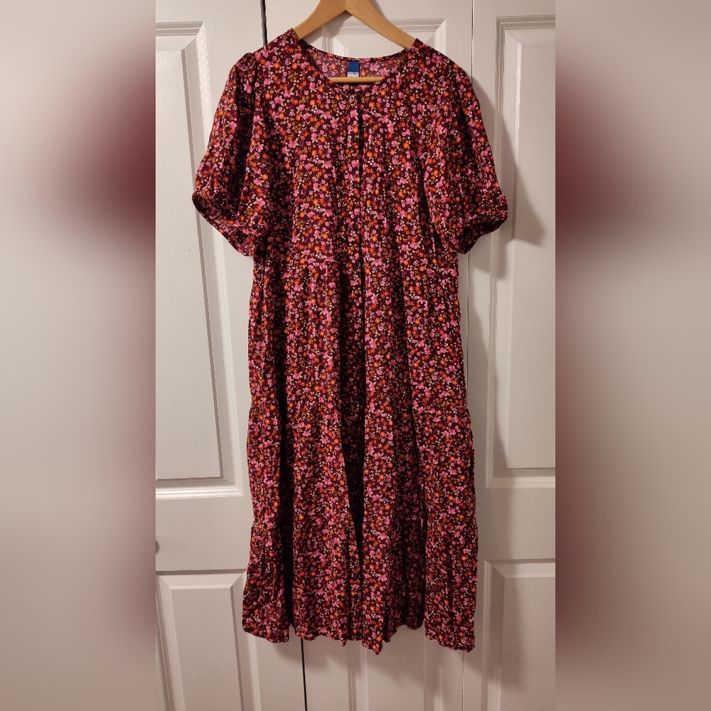 OLD NAVY Floral Puff-Sleeve Button Front Midi Swing Dress (Large)